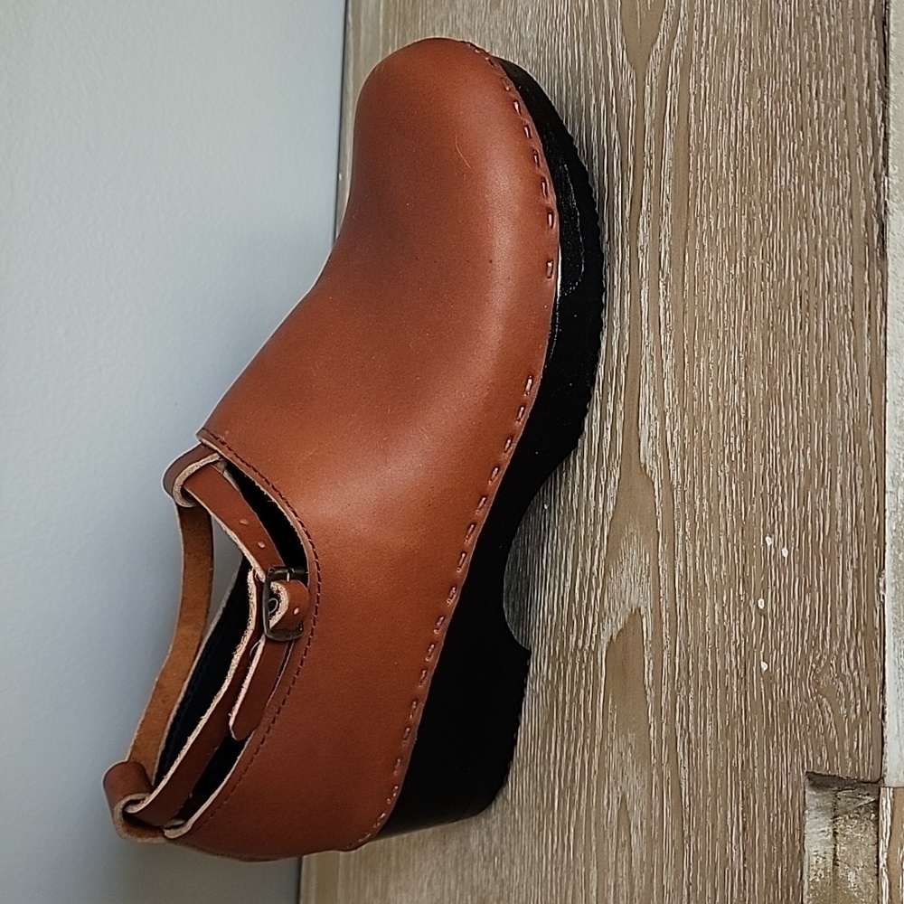 Sven Tan Leather Clog Mules with Ankle Strap - Picture 3 of 12